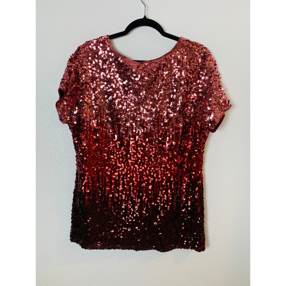 MANER Sequin Top Women XXL Red Ombre Short Sleeve Party Blouse Sparkly Holiday - Picture 4 of 11